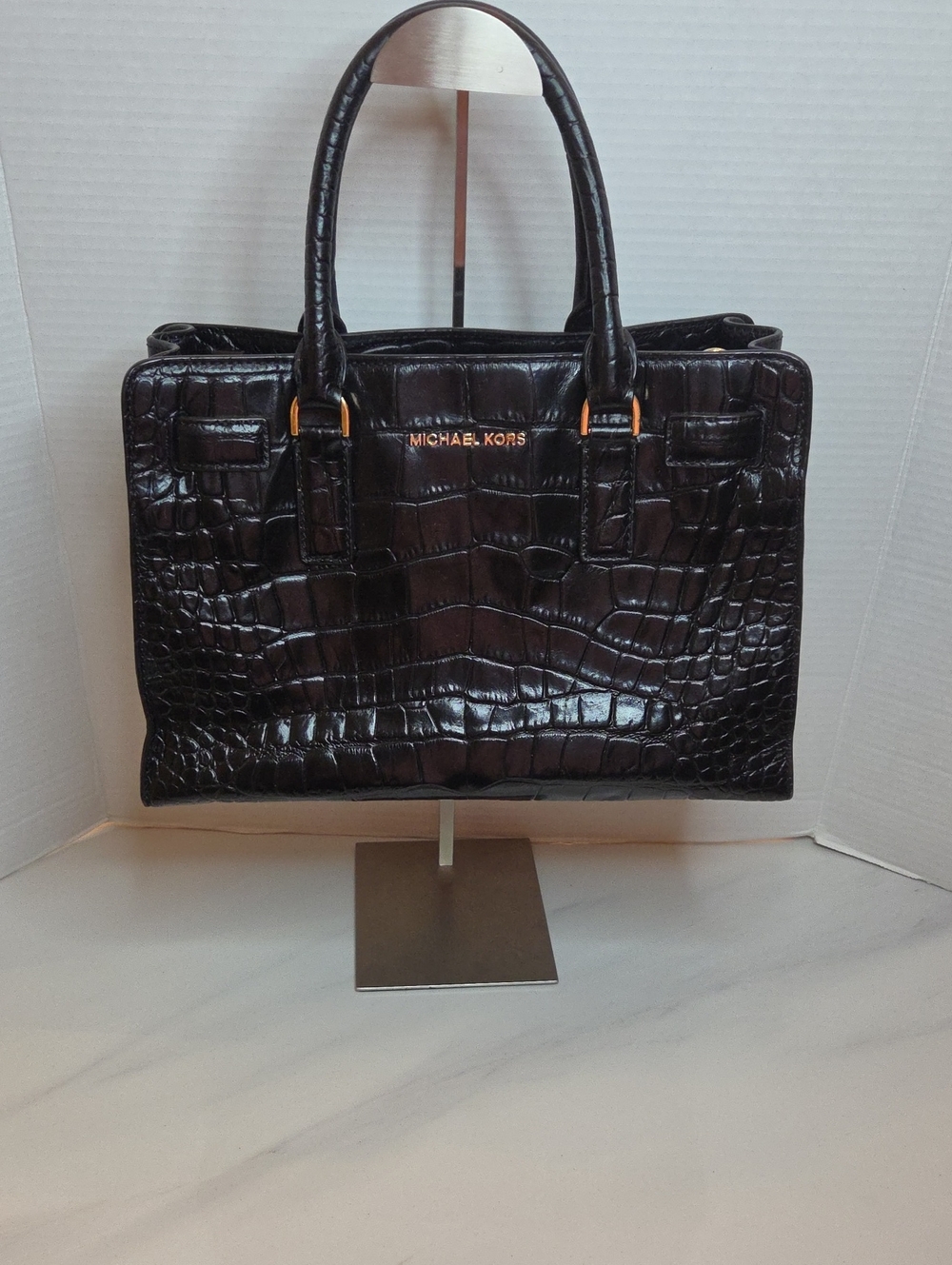 Michael Kors Black Croc-Embossed Leather Satchel
